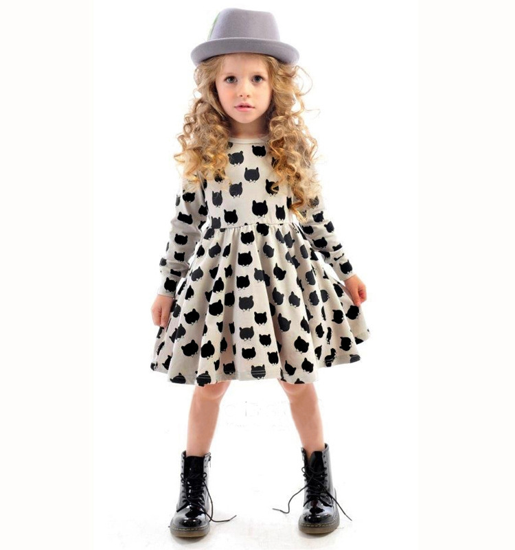 F68095 baby girl long sleeve cotton casual dress  black cat printed party skirt